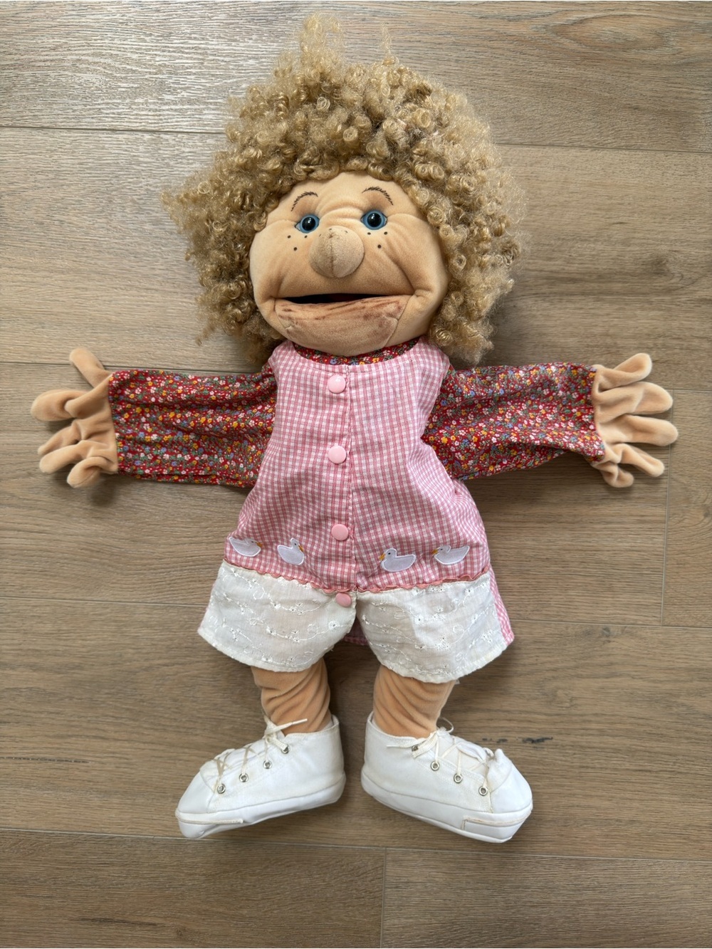 Vtg Folkmanis Plush Hand Puppet 26" Human Girl Blonde Curly Hair Blue Eyes Doll